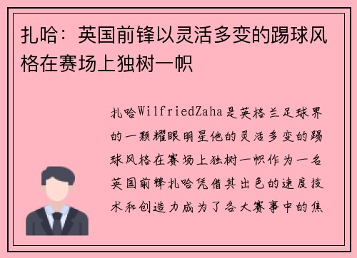 扎哈：英国前锋以灵活多变的踢球风格在赛场上独树一帜