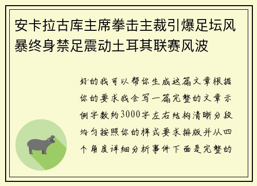 安卡拉古库主席拳击主裁引爆足坛风暴终身禁足震动土耳其联赛风波