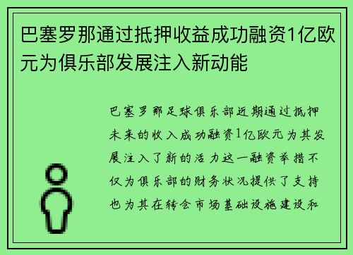巴塞罗那通过抵押收益成功融资1亿欧元为俱乐部发展注入新动能