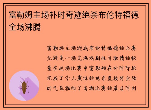 富勒姆主场补时奇迹绝杀布伦特福德全场沸腾