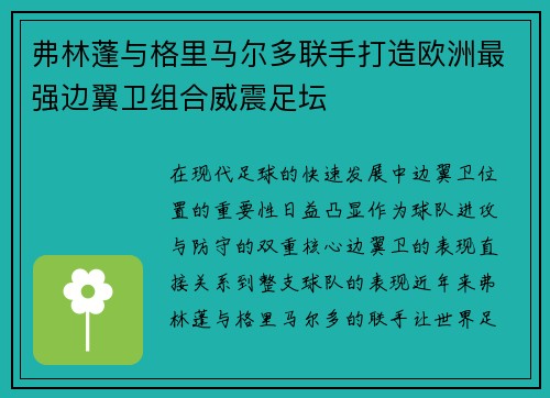 弗林蓬与格里马尔多联手打造欧洲最强边翼卫组合威震足坛 弗林蓬与格里马尔多联手打造欧洲最强边翼卫组合威震足坛