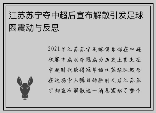 江苏苏宁夺中超后宣布解散引发足球圈震动与反思